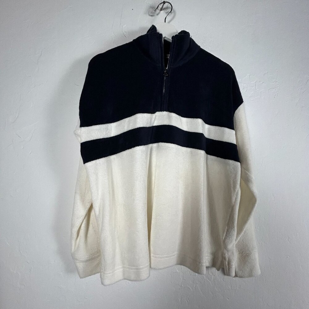 Faherty Sweatshirt Womens Navy White Cabana Organic Towel Terry 1/4 Zip Small